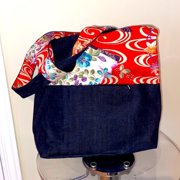 🆕RARE Japanese handmade repurposed denim & kimono 👘 tote bag / hidden zips - Picture 11 of 13